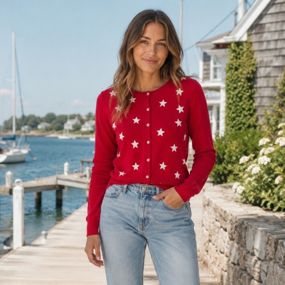 Tommy Hilfiger Womens Americana Star‎ Cardigan L Red Preppy Nautical Patriotic